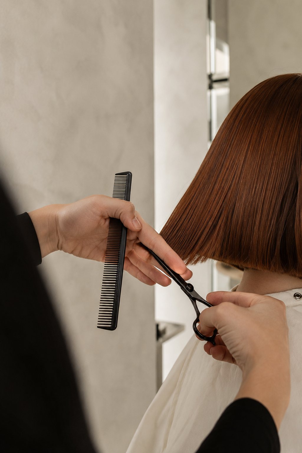 Precision bob haircut in progress