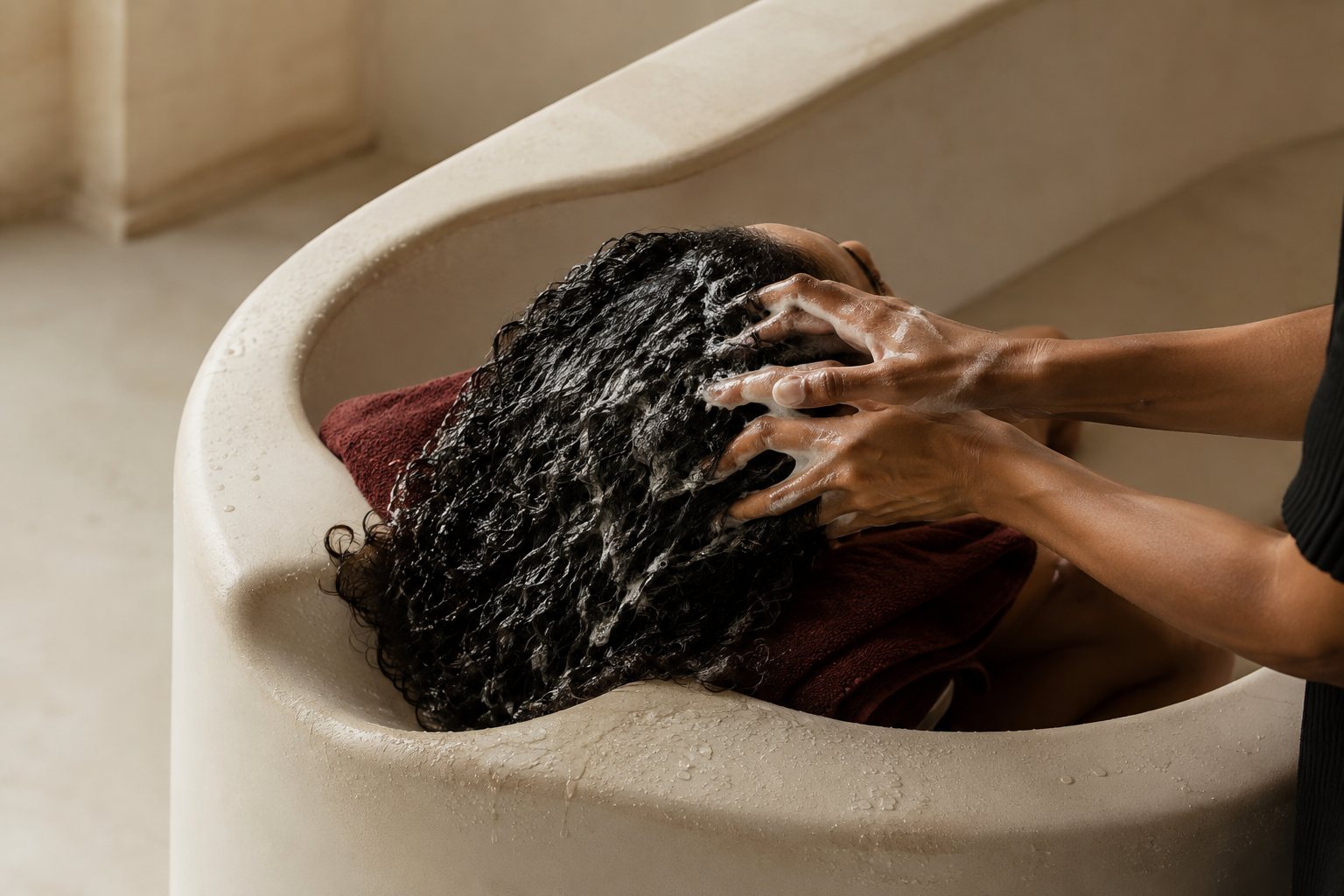 Relaxing scalp treatment at a cream wash basin